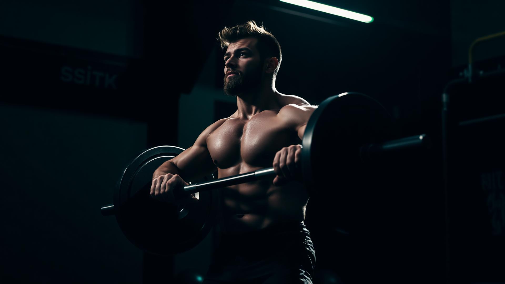 Atlet med vægtstang i mørkt fitnesscenter